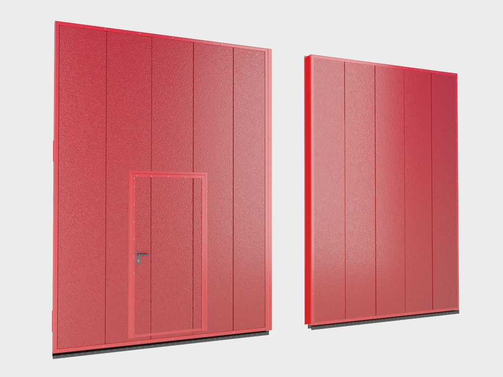 Eshik paneli 80 mm qalinlikdagi po'lat sandwich-panellardan, yuqori zichlikdagi mineral tola bilan tayyorlangan. Eshik panellari yig'ilgan holda taqdim etiladi.